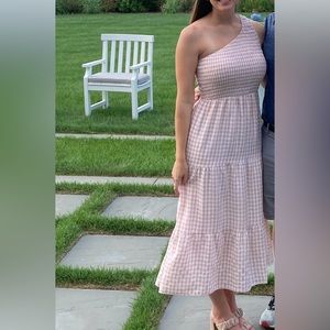 One shoulder gingham midi dress